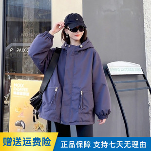 紫色二棉高级感冲锋衣女款秋冬2025新款小个子休闲夹棉加棉厚外套