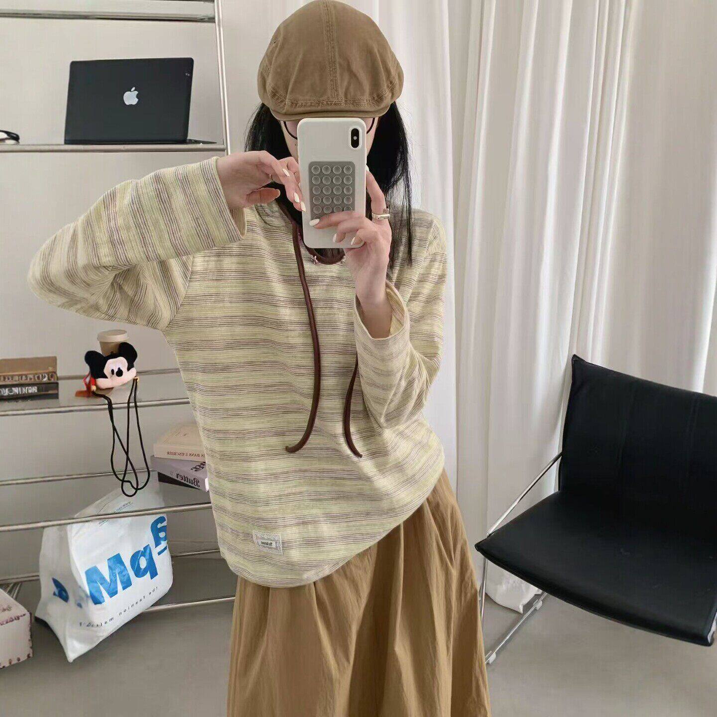 春装女士条纹独特好看的宽松韩版长袖t恤女2026新款薄款防晒衫