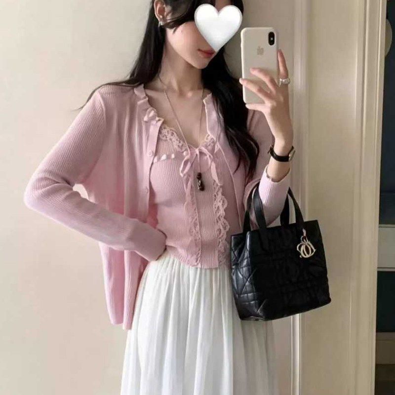 韩系温柔风薄款针织开衫外套甜美蕾丝吊带两件套女氛围感春装穿搭