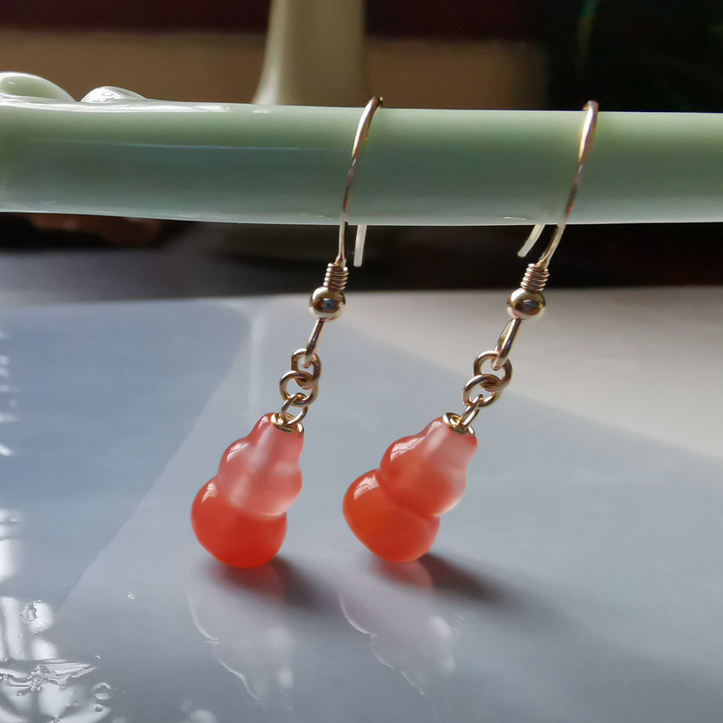 南红玛瑙秀气耳环葫芦樱桃红粉红女14K包金短款福禄原矿凉山耳坠A