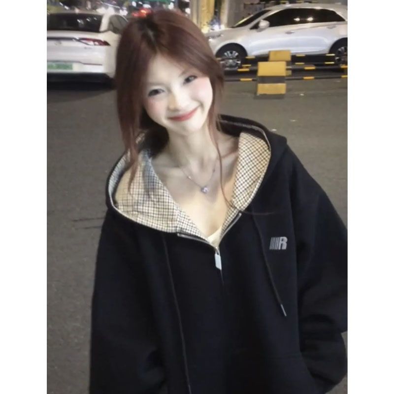 美式格纹拉链外套女设计感小众女