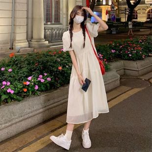 法式温柔风初恋泡泡袖长裙夏季超仙女收腰显瘦别致奶甜fufu连衣