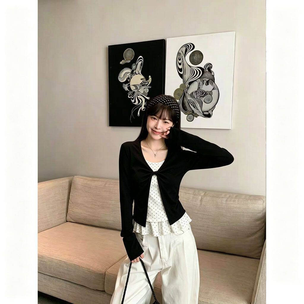 扭结假两件长袖T恤女黑色上衣多巴胺爆款波点花边小众简约通勤ins