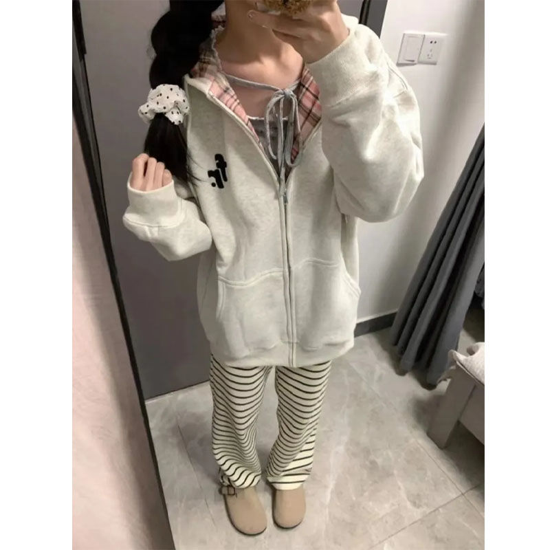 单件拉链加绒常规浅灰色格纹连帽