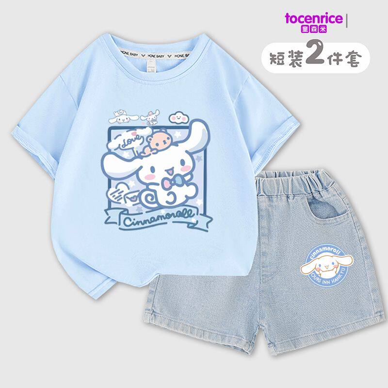 日系新款卡通狗衣服女童t恤牛仔裤套装大耳狗洋气半袖上衣两件套8