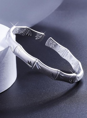 新款竹节手镯女白铜镀银开口实心个性时尚磨砂竹子镯子送妈妈礼物