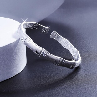 新款竹节手镯女白铜镀银开口实心个性时尚磨砂竹子镯子送妈妈礼物