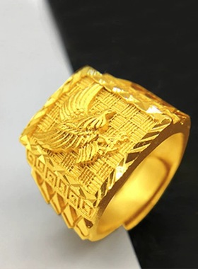 新款沙金饰品戒指男久不掉色小众设计老鹰开口戒指仿黄金中古戒指