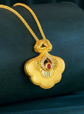 宫廷风古法拉丝点钻鸿运如意锁吊坠女轻奢镀金精致车花扇形项链