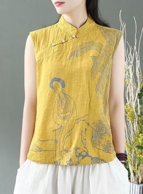 无袖民族风薄印花棉麻女坎肩茶服
