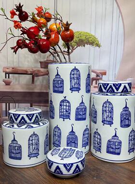 新中式青花陶瓷罐储物罐茶叶罐花瓶家居装饰圆罐样板房摆件厂