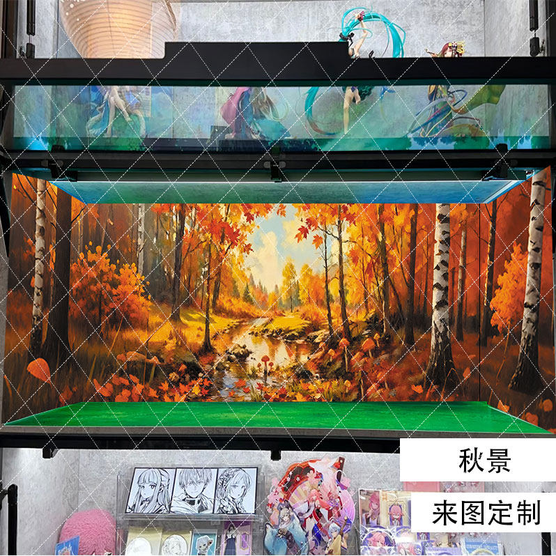 秋景蓝天白云四季风格手办柜展示背景贴海报壁纸自粘来图定制