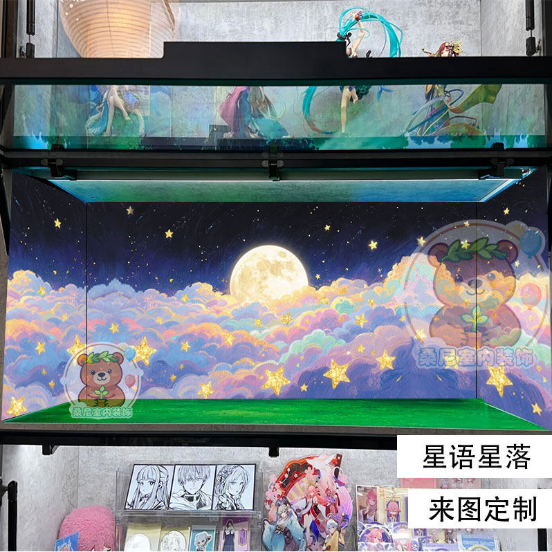 星星人手办柜背景贴盲盒宇航员展示柜玄关柜海报壁纸自粘来图定制