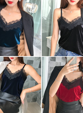 秋冬金丝绒西装内搭黑色性感蕾丝花边吊带背心女V领大码打底衫ins
