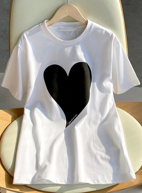 黑色桃心大爱心图案大码半袖情侣装白色短袖纯棉t恤女打底潮牌夏