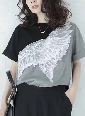 2024春夏新款超火羽毛洋气上衣刺绣翅膀休闲拼色宽松短袖T恤女