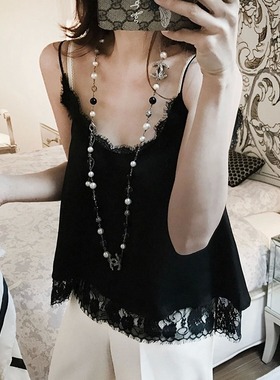 黑色雪纺性感宽松大码内搭打底衫白色蕾丝吊带背心上衣女夏外穿韩