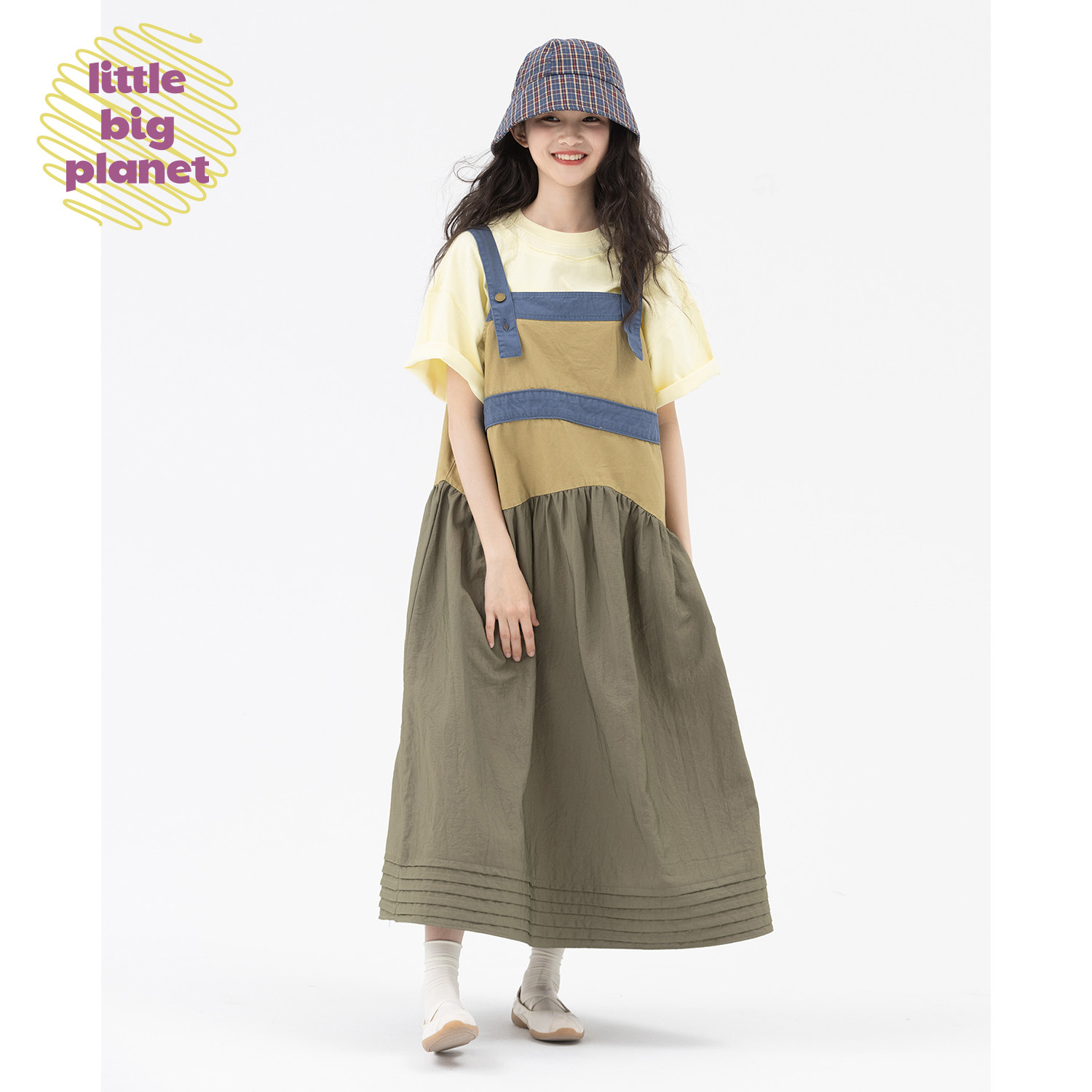 小小大星球童装 鬼马拼色微皱机能风背带裙 春夏女童可调节背带裙