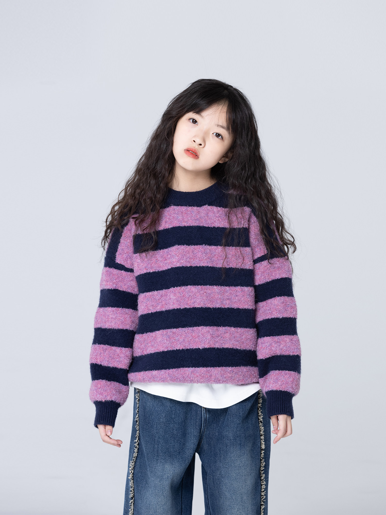 小小大星球童装冬款 蓝粉撞色条纹毛衣 加厚女童套头慵懒针织衫