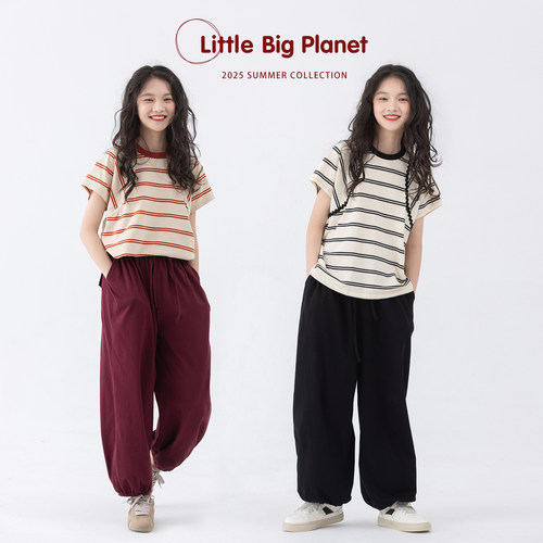 小小大星球童装 日系花边织带条纹短袖 两色夏天百搭女童宽松T恤