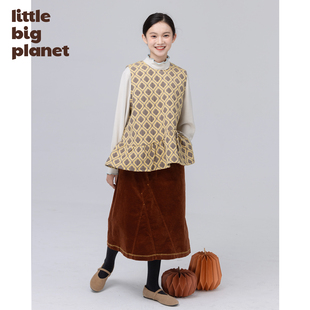 小小大星球童装 绵绵黄回纹窗花格纹马甲 秋冬女童复古新中式上衣