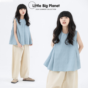 小小大星球童装 冰透蓝简约款阔摆无袖上衣 夏日女童百搭清爽背心