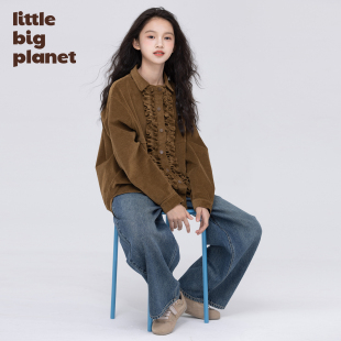女童亲子款 春秋复古外套 细条灯芯绒花褶门襟衬衫 小小大星球童装