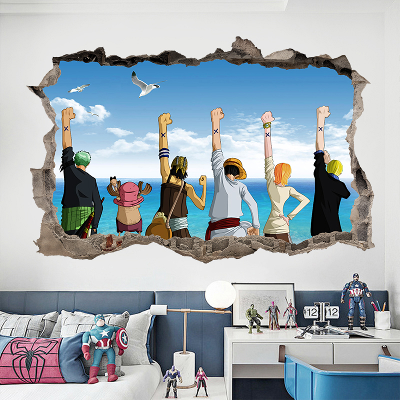 3D立体动漫墙贴纸二次元宿舍卧室背景装饰自粘壁画海贼王贴纸