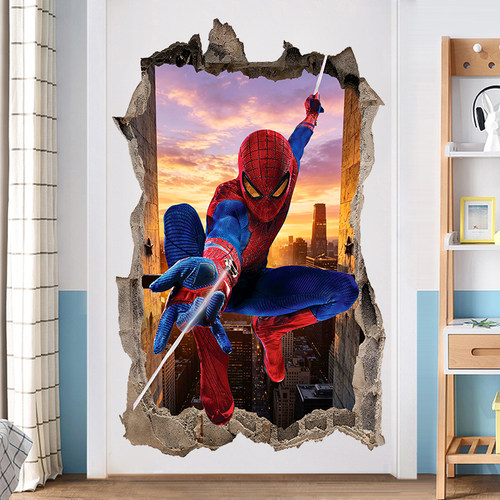 蜘蛛侠动漫创意3D穿墙贴画漫威SpiderMan墙贴房间卧室装饰背景画
