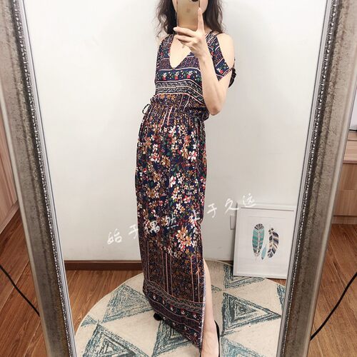 【618回馈】秀款~现代建筑美学 夏季复古印花抽绳系带长款连衣裙