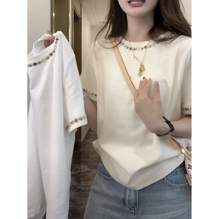 洋气半袖 时髦时尚 宽松休闲上衣 t恤女2026夏季 欧洲站重工烫钻短袖