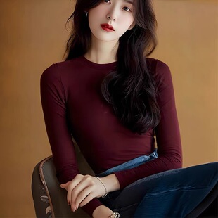 内搭打底衫 红色圆领正肩长袖 小个子修身 新款 上衣 T恤女2026春秋季