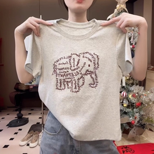 女士半袖 新款 上衣潮 2026夏季 重工刺绣洋气舒适纯棉正肩t恤女短袖