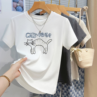 韩版 高级感重工半袖 休闲圆领体恤上衣 t恤女夏季 洋气钉珠绣花短袖