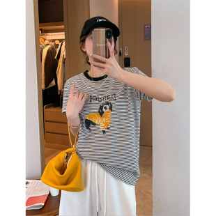 宽松百搭腊肠狗休闲圆领上衣潮 新款 条纹短袖 t恤女东大门2026夏季