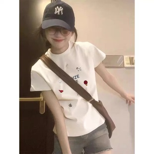正肩显瘦显白短袖 设计感打底纯棉百搭卡通刺绣ins圆领上衣 T恤女装
