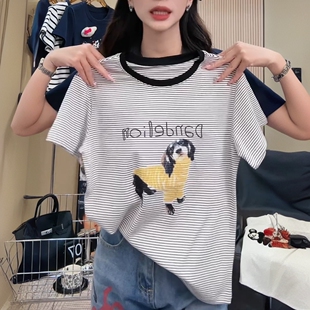 复古设计感小众宽松正肩上衣 美式 黑白条纹小狗刺绣短袖 T恤女夏季