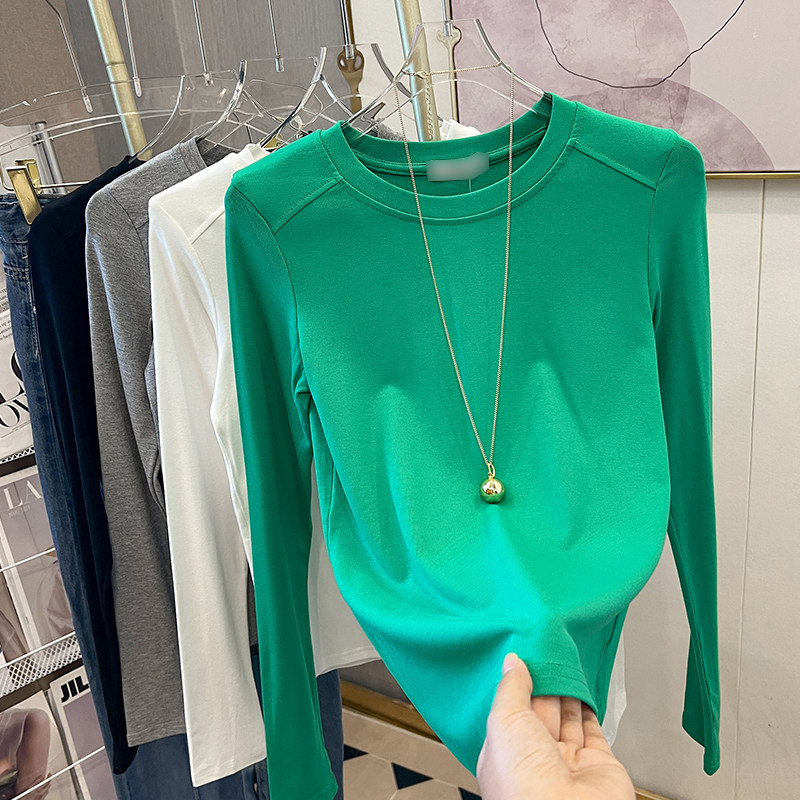 欧货纯色打底衫女秋冬新款紧身圆领长袖t恤白色薄款百搭显瘦上衣