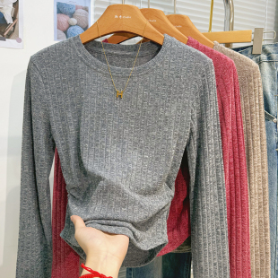 设计感褶皱收腰显瘦短款 新款 上衣 T恤女士2026春秋季 黑色正肩长袖