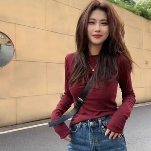 基础款 t恤女秋季 修身 内搭韩版 女 安可拉红欧货小衫 上衣打底衫 长袖
