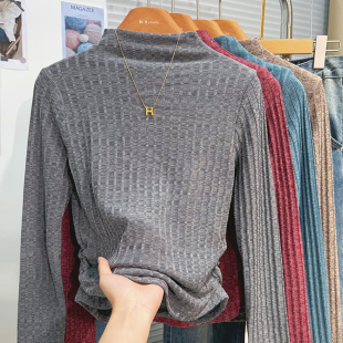 T恤女2026春秋时髦洋气内搭正肩上衣打底衫 半高领加绒针织衫 长袖