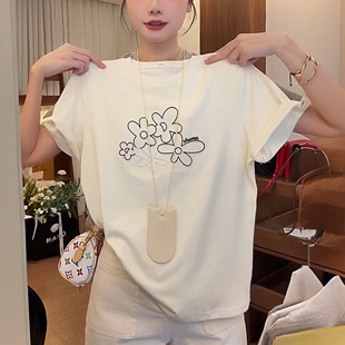 纯棉正肩宽松显瘦女士半袖 新款 上衣潮 t恤女2026夏季 重工刺绣短袖