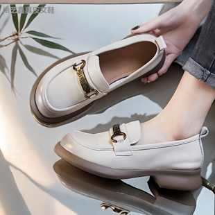 2026春季新款头层软牛皮女鞋一脚蹬休闲软底乐福鞋粗跟真皮单鞋女