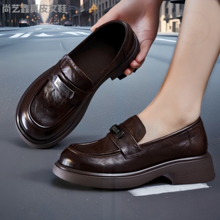 2026春季新款头层牛皮女鞋软底乐福鞋英伦风一脚蹬厚底真皮单鞋女