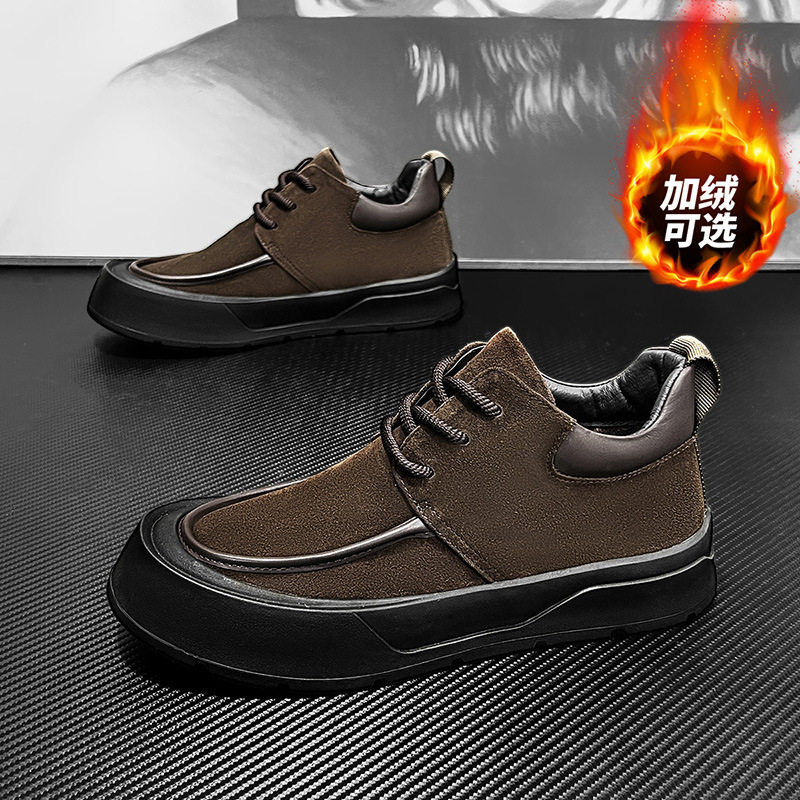 冬季加绒保暖磨砂皮鞋休闲板鞋素面百搭时尚乐福鞋英伦商务男棉鞋