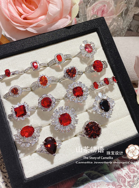 山茶贵气奢华石榴红宝石戒指 中世纪设计贵妇晚宴红刚玉百搭指环