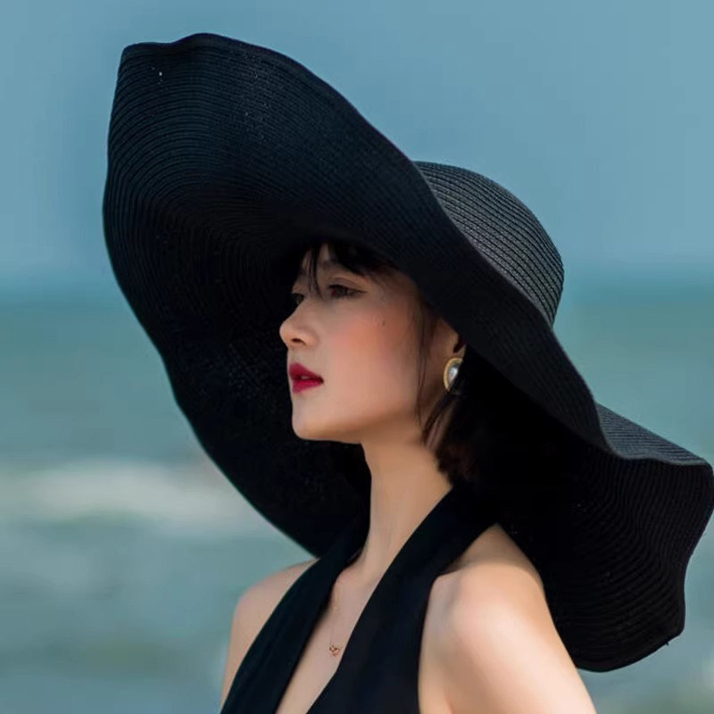 红色度假风海边沙滩帽子女夏季加大帽檐遮阳防晒帽防紫外线渔夫帽