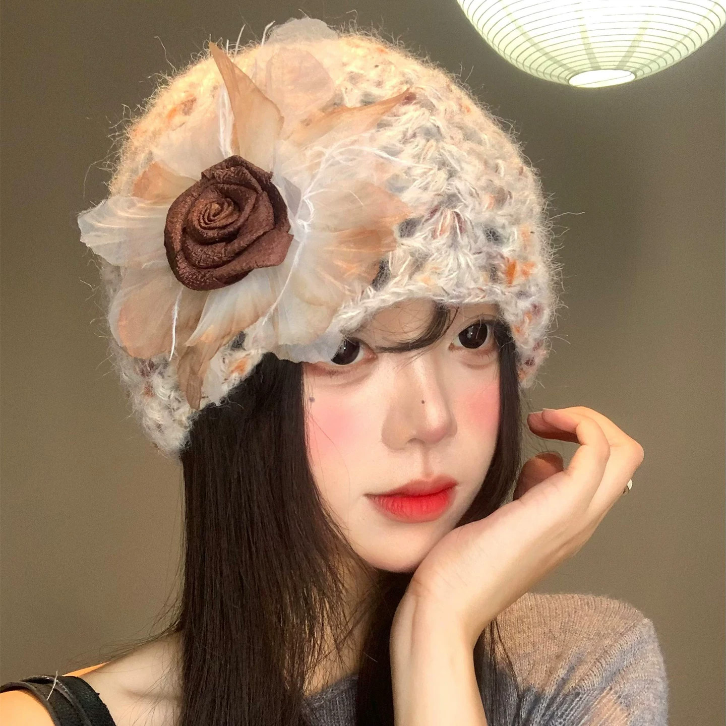 秋冬立体花朵镂空显脸小针织帽