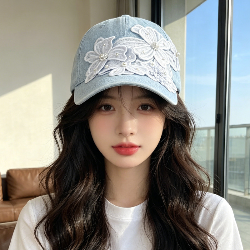 立体花朵牛仔棒球帽子女夏季韩版防晒遮阳帽鸭舌帽大帽檐显脸小