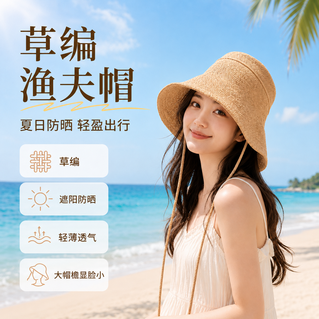宽檐编织草帽子女夏季时尚百搭休闲风遮阳可折叠渔夫帽大帽檐防晒